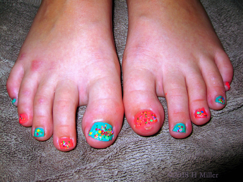 Alternating Red And Blue With Splash Of Colors, Vibrant Kids Pedicure! Alternating Red And Blue With Splash Of Colors, Vibrant Kids Pedicure!