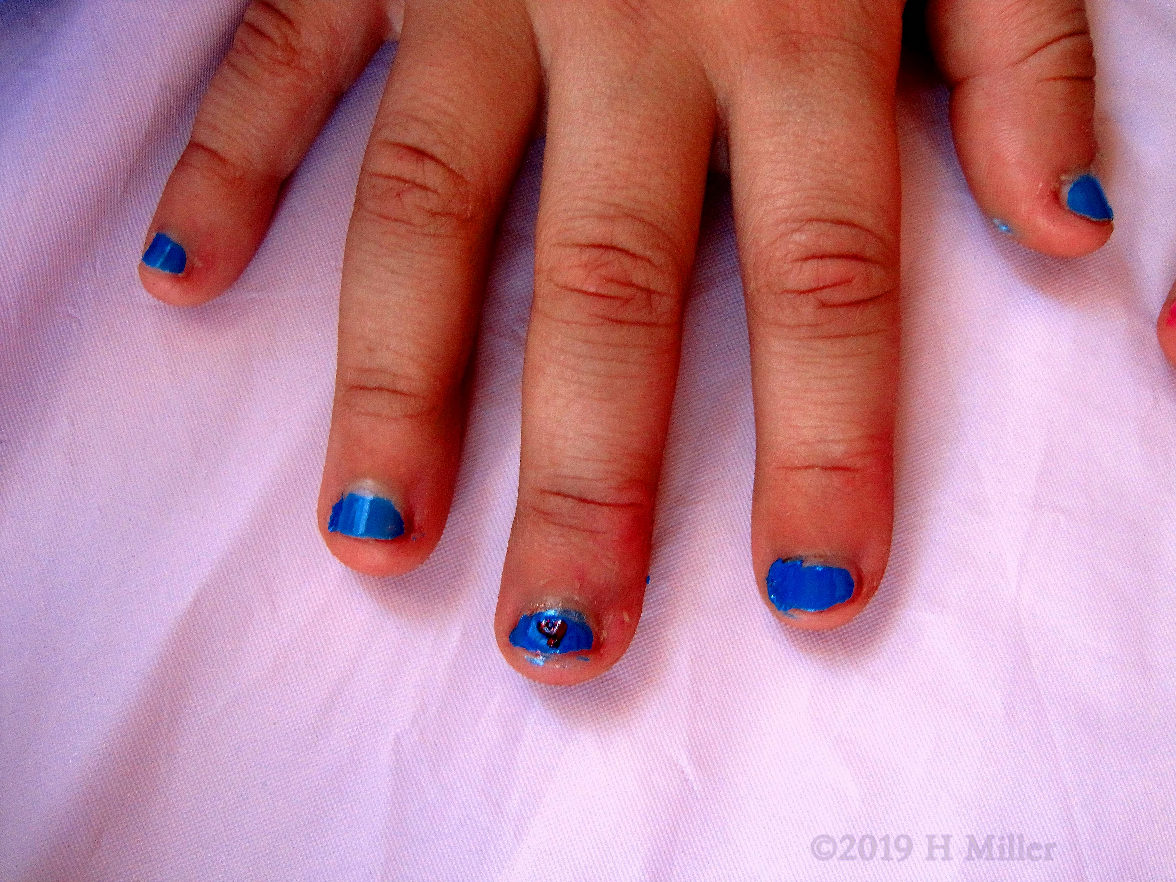 Pretty Kids Mani With A Red Heart On Blue Background Kids Nail Art! 