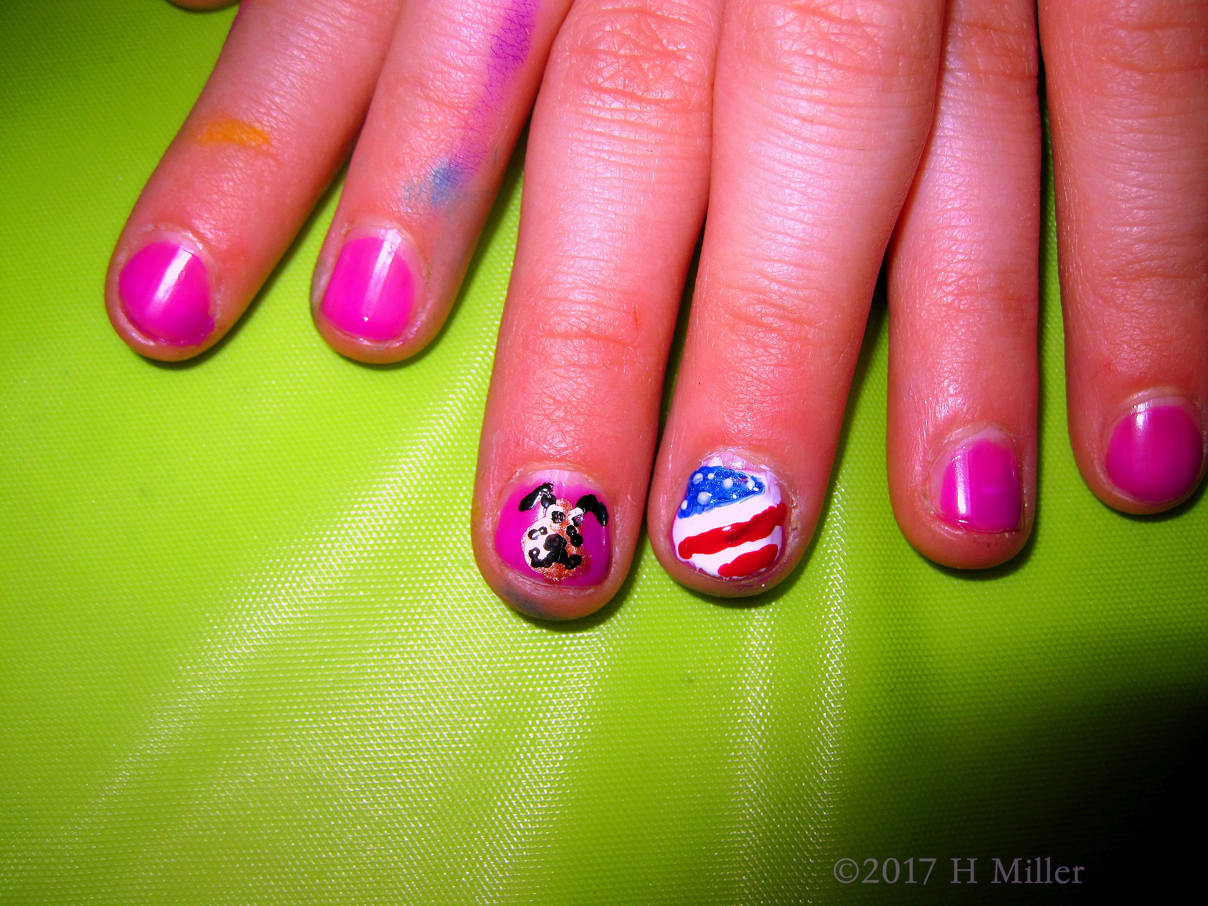 Pink Girls Mani With An Adorable Nail Art Design Of Dogs And American Flags. 