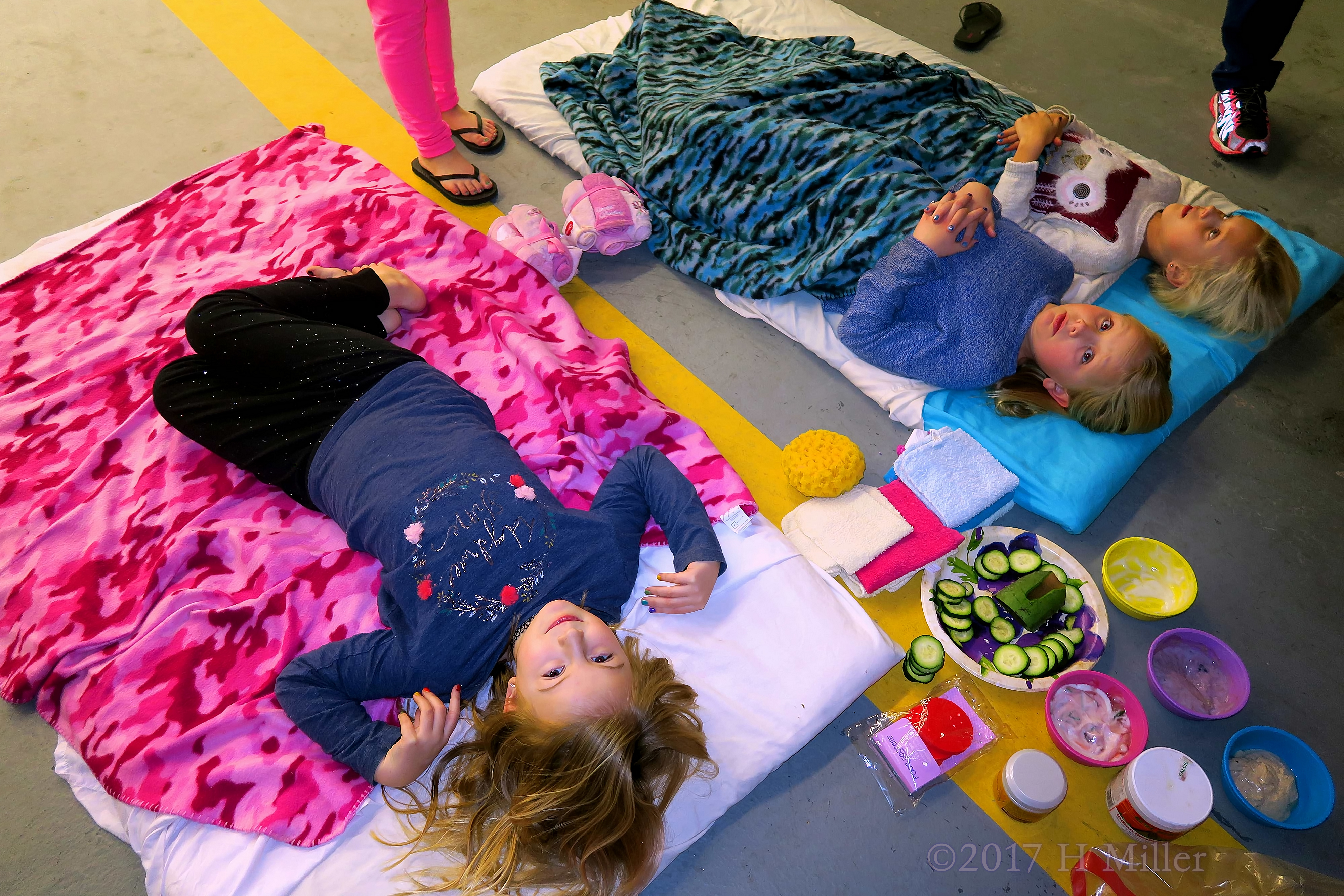 Sponge, Towels, Cucumbers, And More! Supplies For Kids Facials With Girls Ready For Their Turn! Sponge, Towels, Cucumbers, And More! Supplies For Kids Facials With Girls Ready For Their Turn!