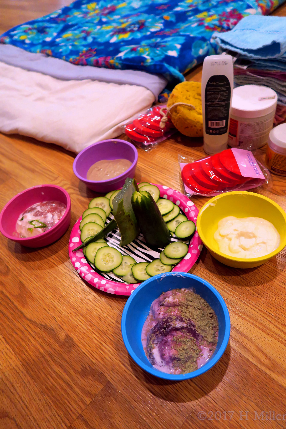Plate Of Cukes And Aloe With Facial Mask Ingredients Set Up And Ready! 