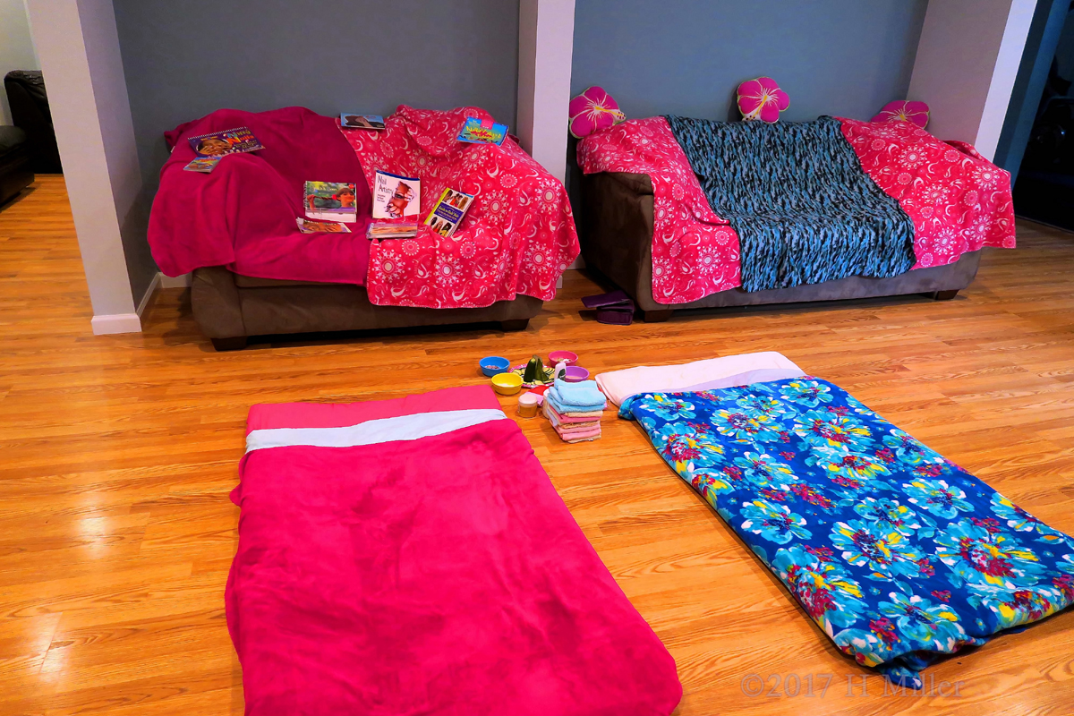 Vibrant Pink And Blue Throws For The Spa Couches, And Kids Facial Mats, Ready For The Kids Spa Party! 