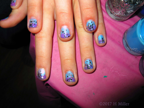 Blue And Purple Ombre Nail Design With Glitter On Top