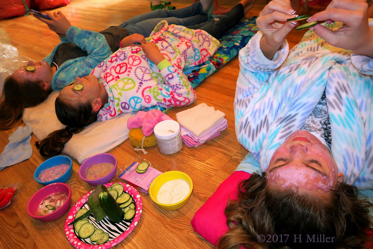 The Girls Relaxing With Facial Masque And Cukes Over The Eyes During Their Kids Facials! 