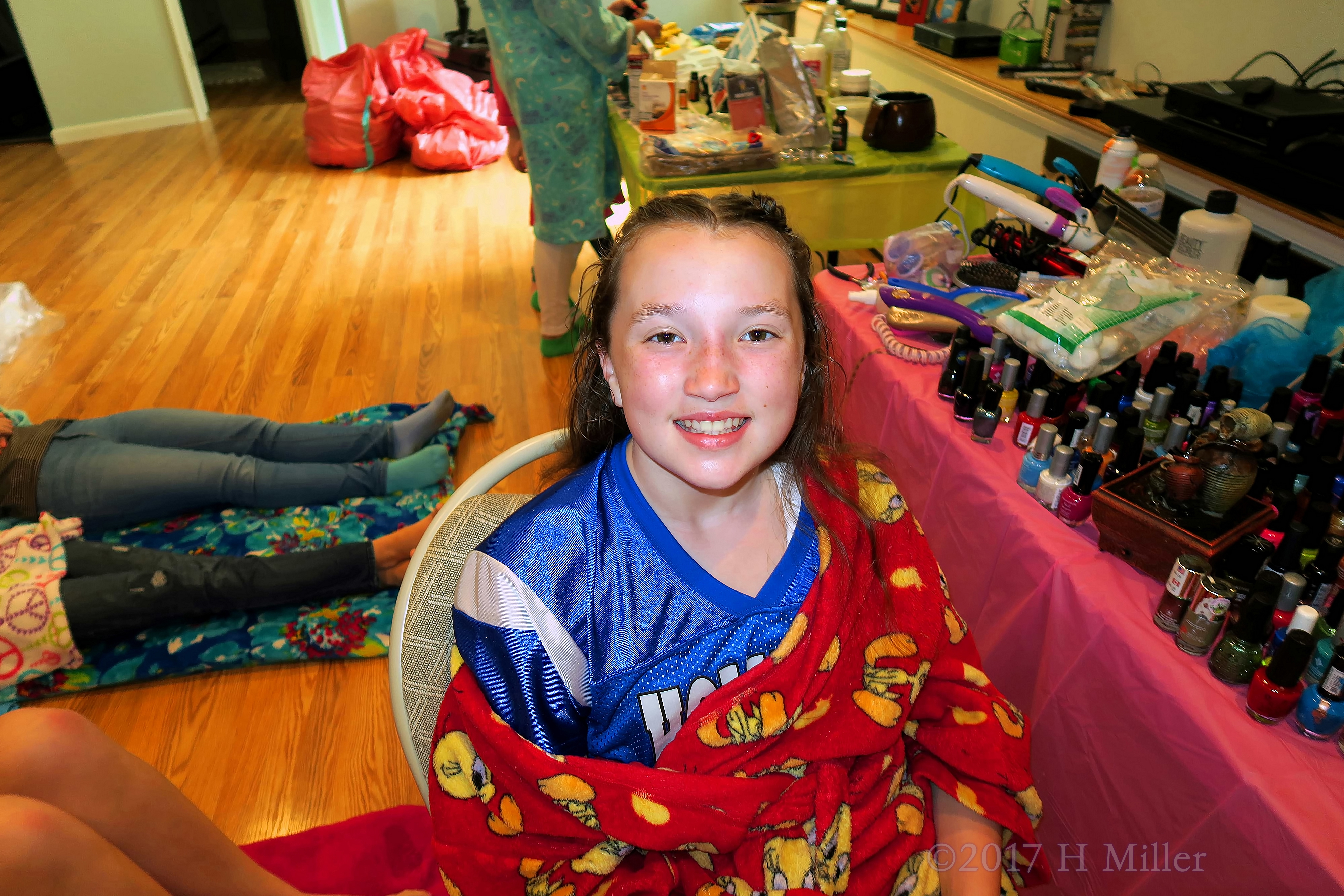 Wrapped In Red Tweety Bird Spa Robe, Smiling. Wrapped In Red Tweety Bird Spa Robe, Smiling.