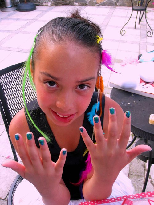 Adorable Girls Spa Party Blue Mani And Hair Feather Extensions