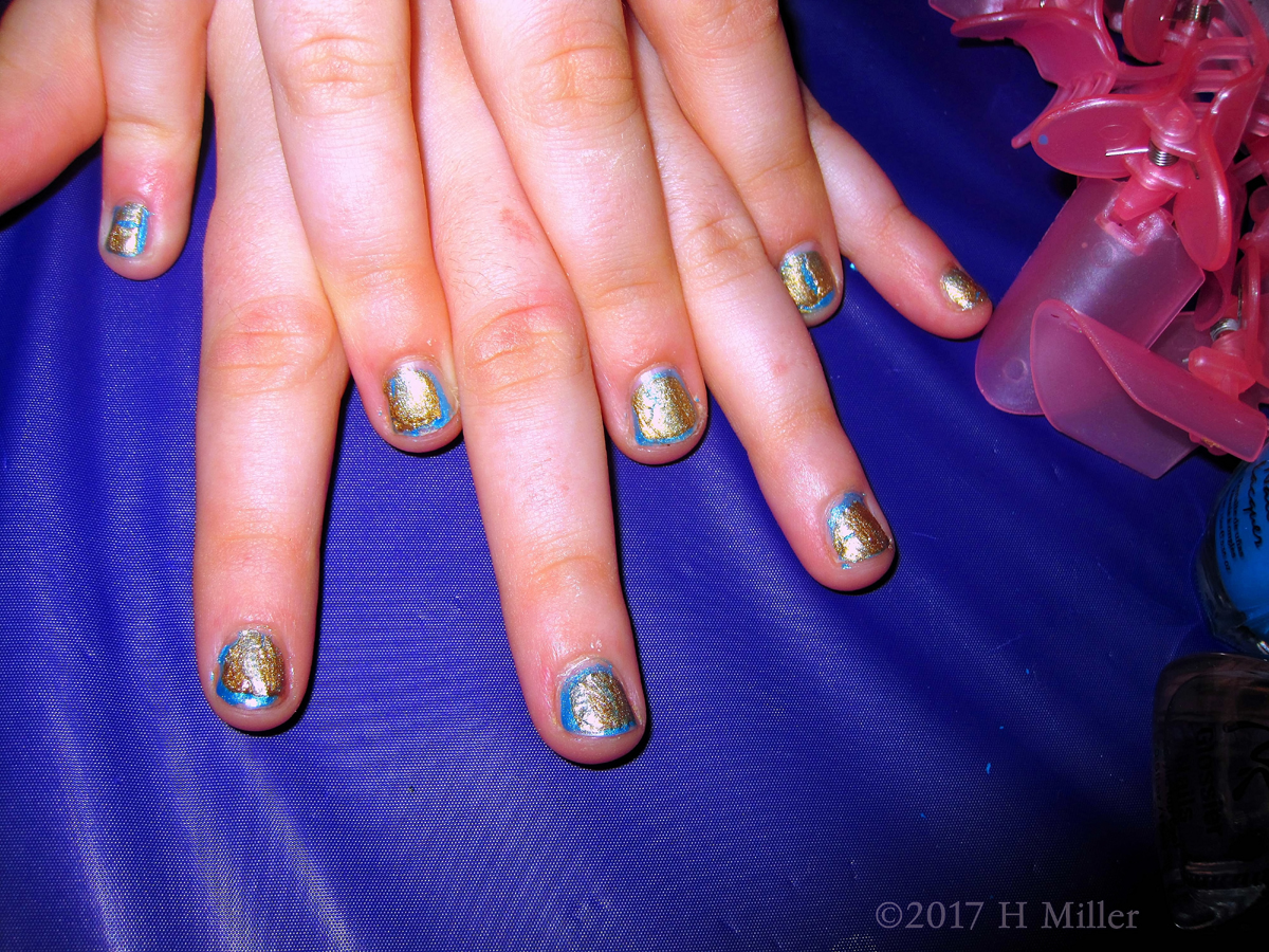Blue Kids Manicure With A Gold Shatter Top Coat 