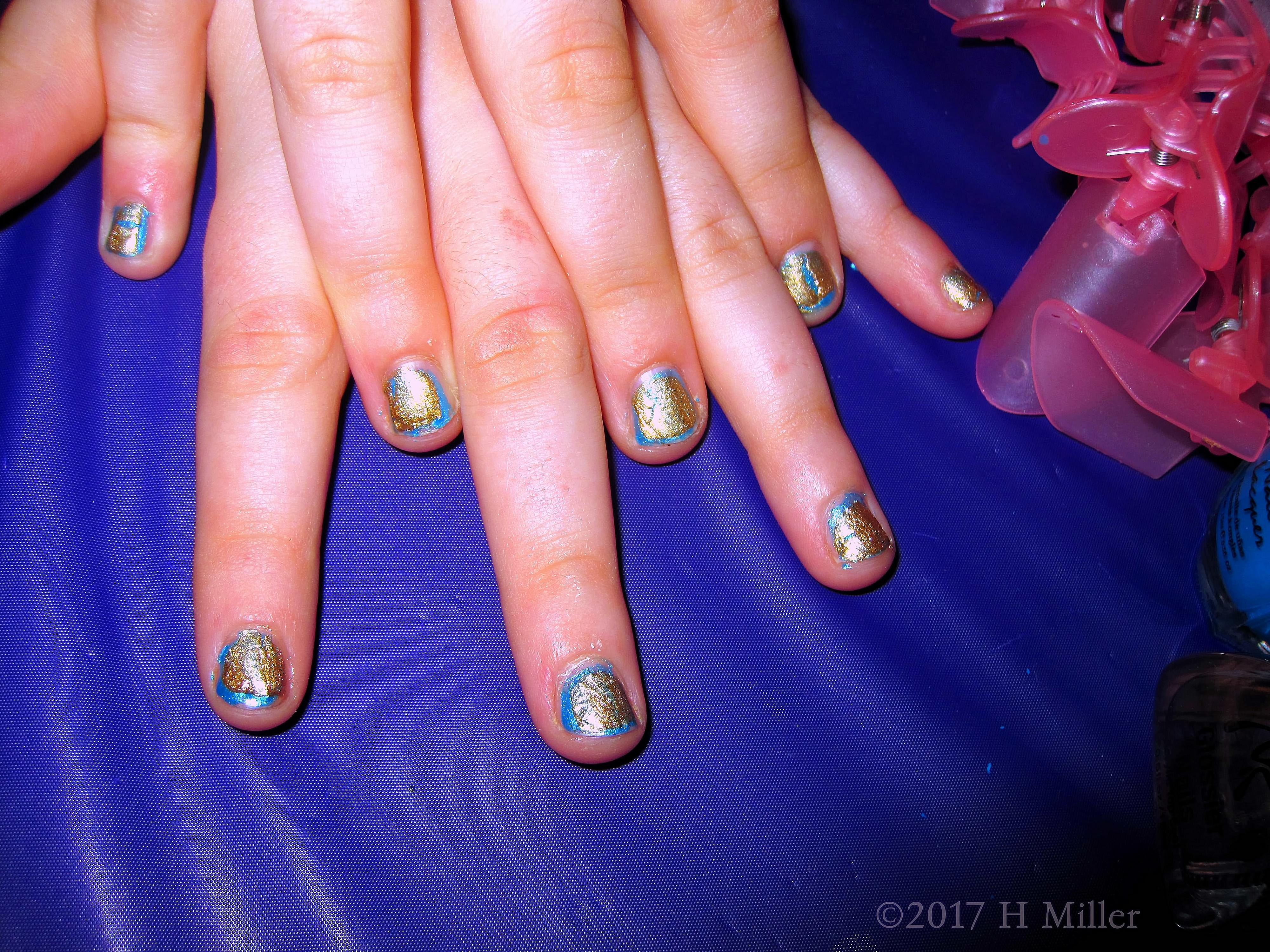 Blue Kids Manicure With A Gold Shatter Top Coat Blue Kids Manicure With A Gold Shatter Top Coat