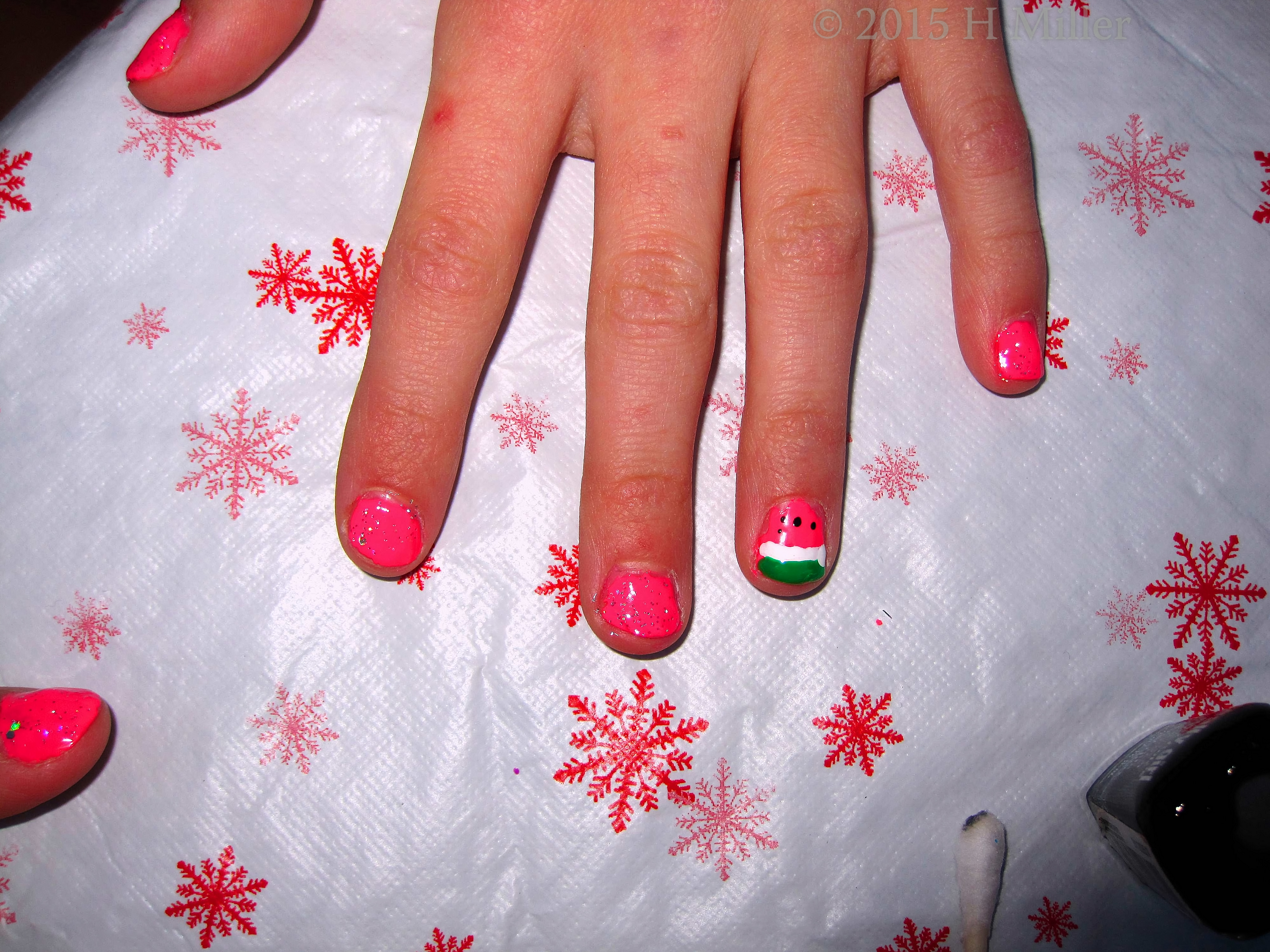 Nail Art Pink Polish With Watermelon And Glitter 