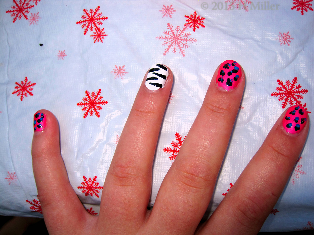 Kids Nail Art Pink Leopard Spots And Zebra Stripes. Other Hand. 