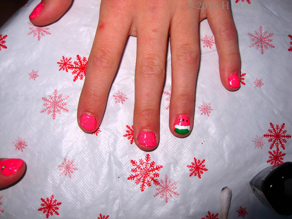 Nail Art Pink Polish With Watermelon And Glitter 