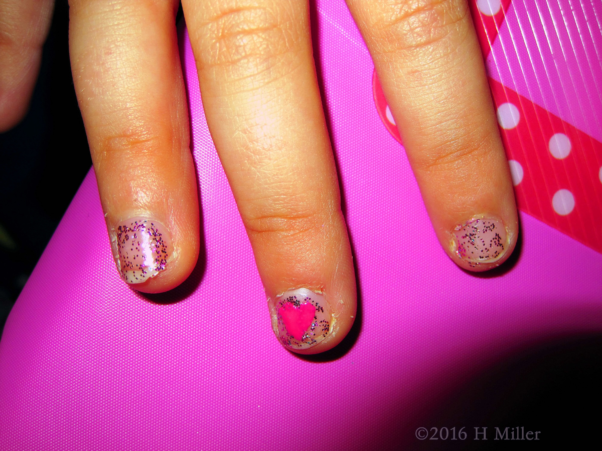 Kids Nail Art With Red Heart On Glitter 