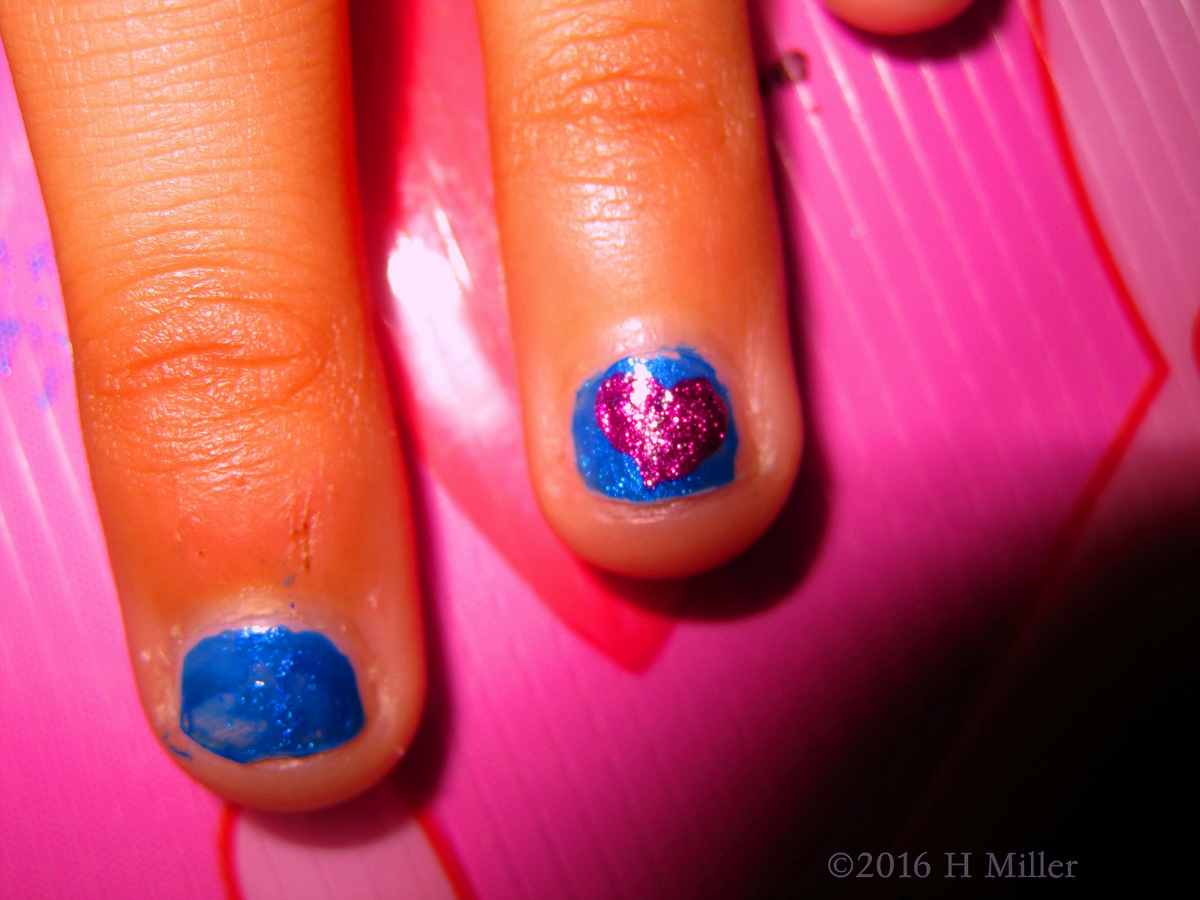 Shiny Blue Kids Manicure With Pink Heart Nail Art 
