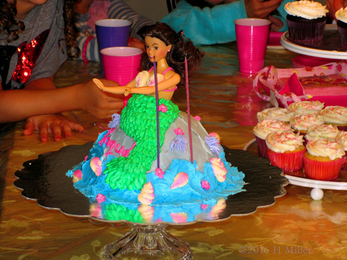 A Pretty View Of The Barbie Doll Cake And The Yummy Cupcakes