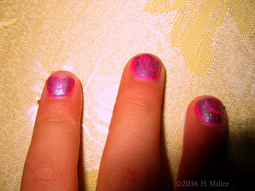 Another View Of This Glittery Purple Shatter Kids Manicure.