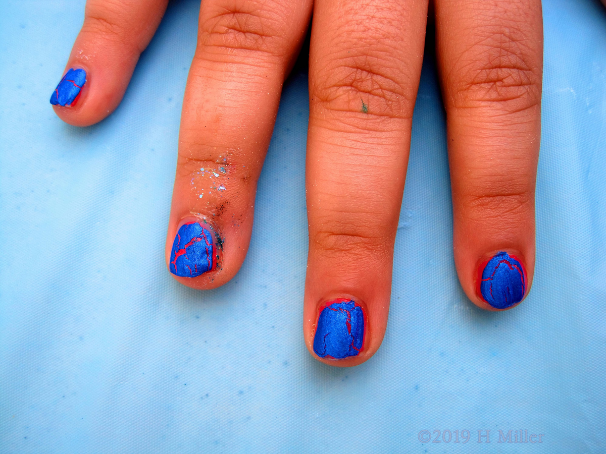 Red Base Coat With Blue Crackle Polish Overlay On This Kids Mani! 