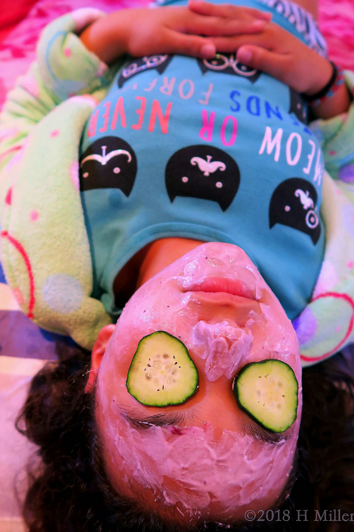 Strawberry Kids Facial Masque With Cukes Over The Eyes. 