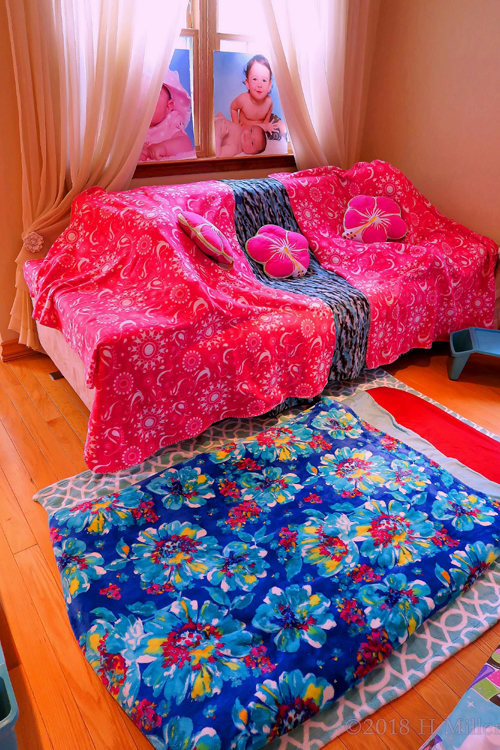 A Glimpse Of The Girls Spa Party Setup With Colorful Throws And Pillows! A Glimpse Of The Girls Spa Party Setup With Colorful Throws And Pillows!