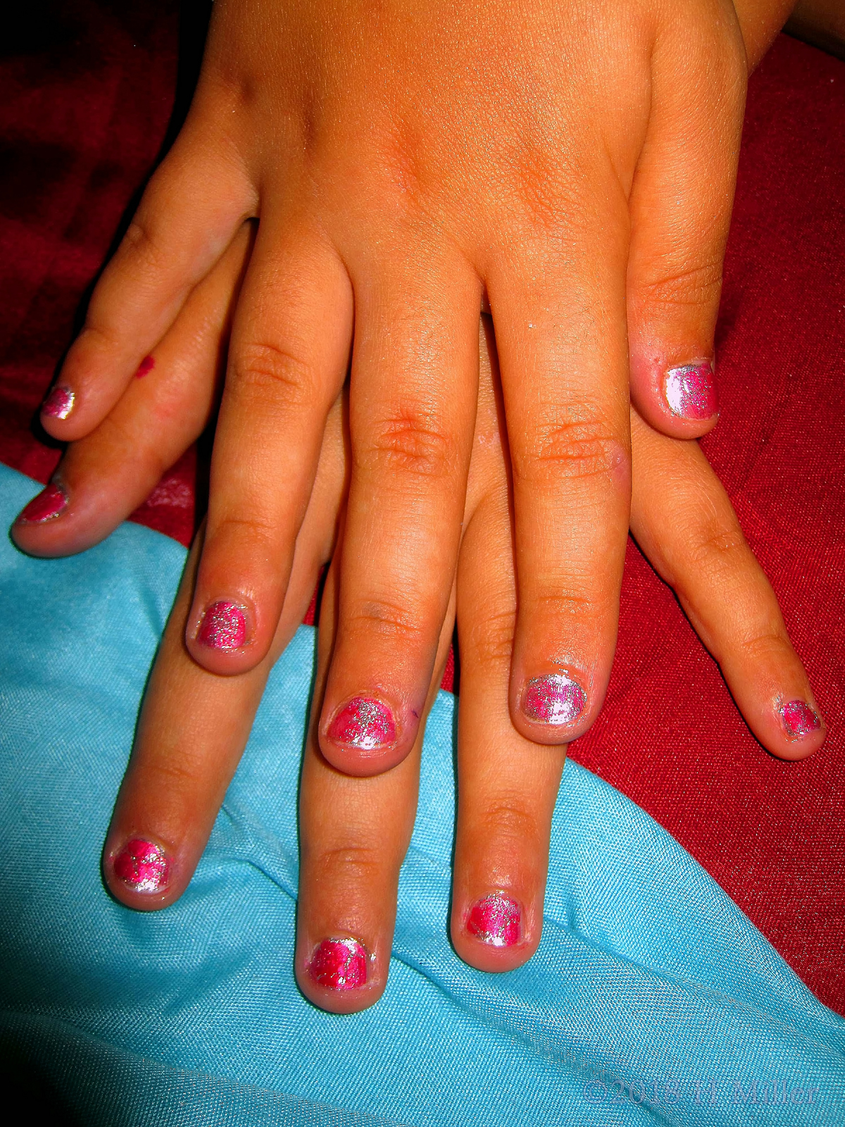 Solid Pink Base With Super Sparkly Glitter, Pretty Kids Manicure! 