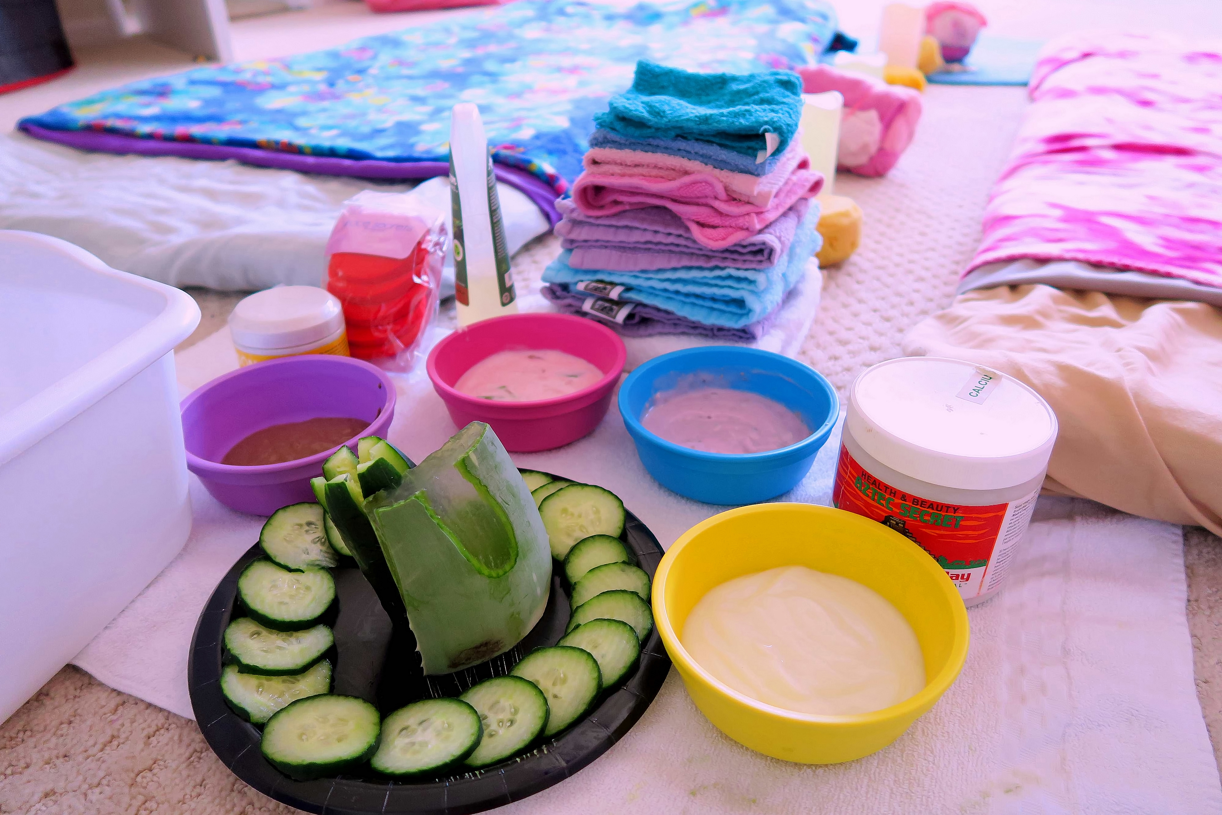 Cukes, Aloe, Yogurt Facial Masques, Facial Towels. We're Set! Cukes, Aloe, Yogurt Facial Masques, Facial Towels. We're Set!