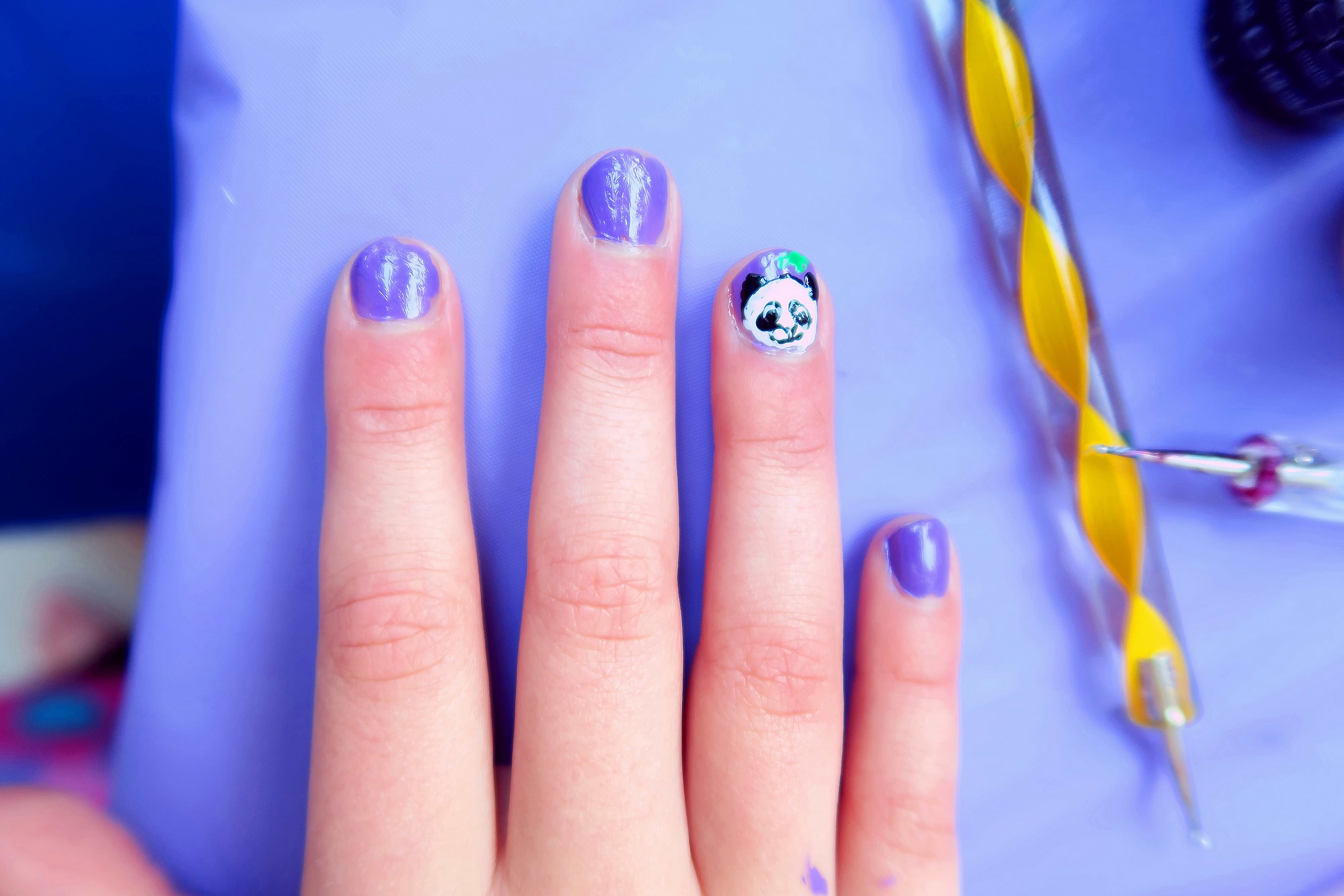 Purple Nails With Panda Nail Art. 