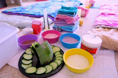 Cukes, Aloe, Yogurt Facial Masques, Facial Towels. We're Set! Cukes, Aloe, Yogurt Facial Masques, Facial Towels. We're Set!