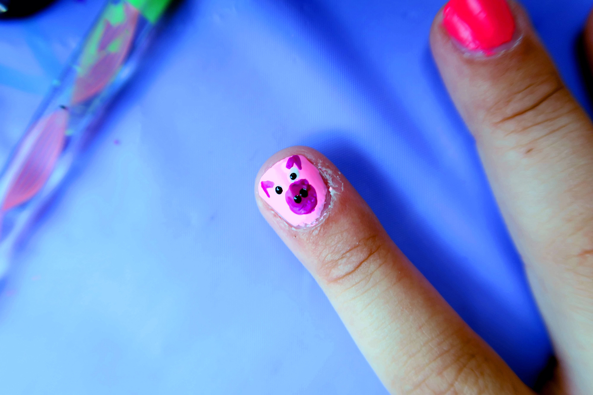 Kids Tween Piggy Nail Art Close Up. 
