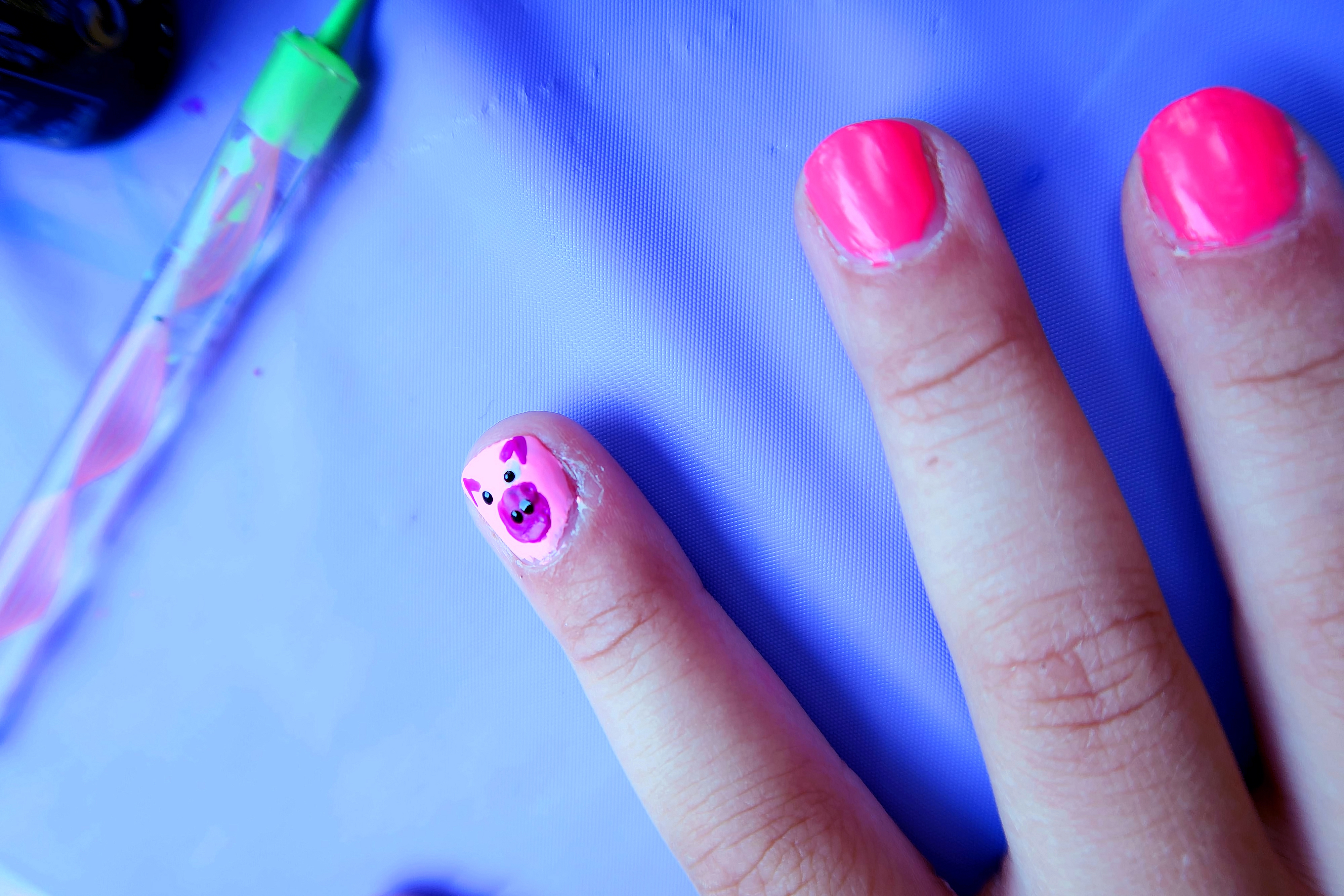 Hot Pink Nails With A Cute Piggy Graphic. Hot Pink Nails With A Cute Piggy Graphic.