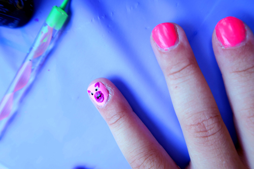 Hot Pink Nails With A Cute Piggy Graphic. Hot Pink Nails With A Cute Piggy Graphic.