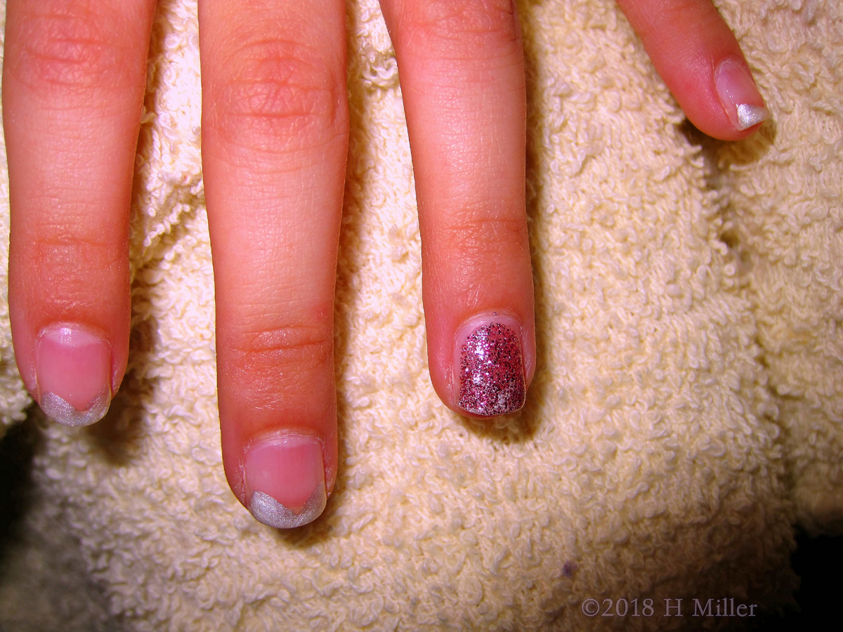 Another Shot Of The Pink Glitter Accent Nail And French Manicure Kids Nail Design!