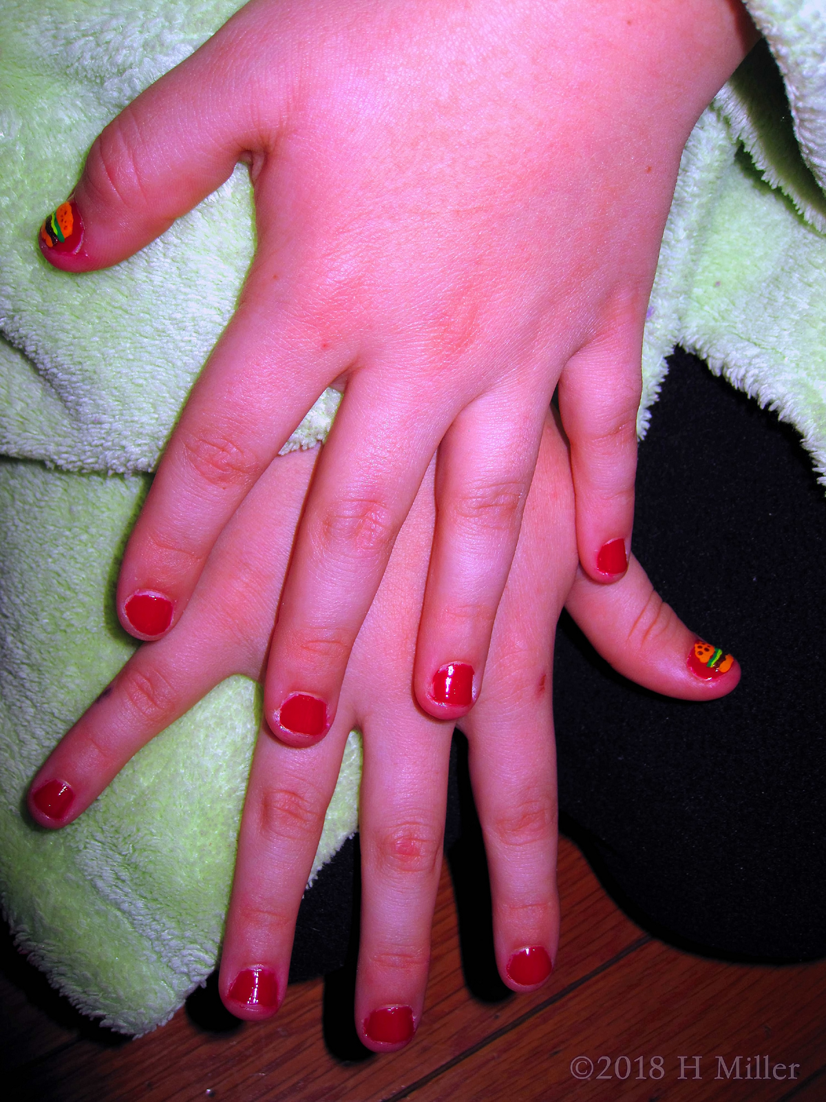 Red Base Girls Manicure With Accent Hamburger Nail Design. 