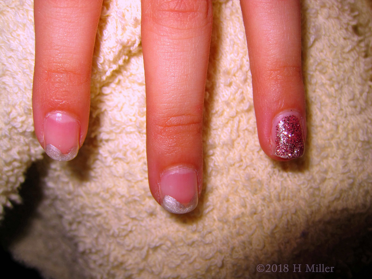 Spa Party Simple Elegant French Manicure With Pink Glitter Accent Nail For This Kids Mini Mani!
