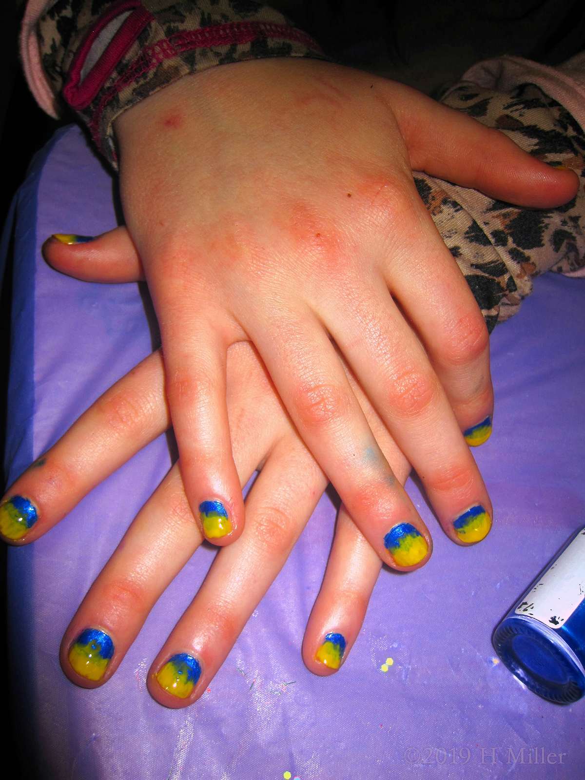 Blue And Yellow Layered Ombre Kids Nail Art Design Looks Cool! 