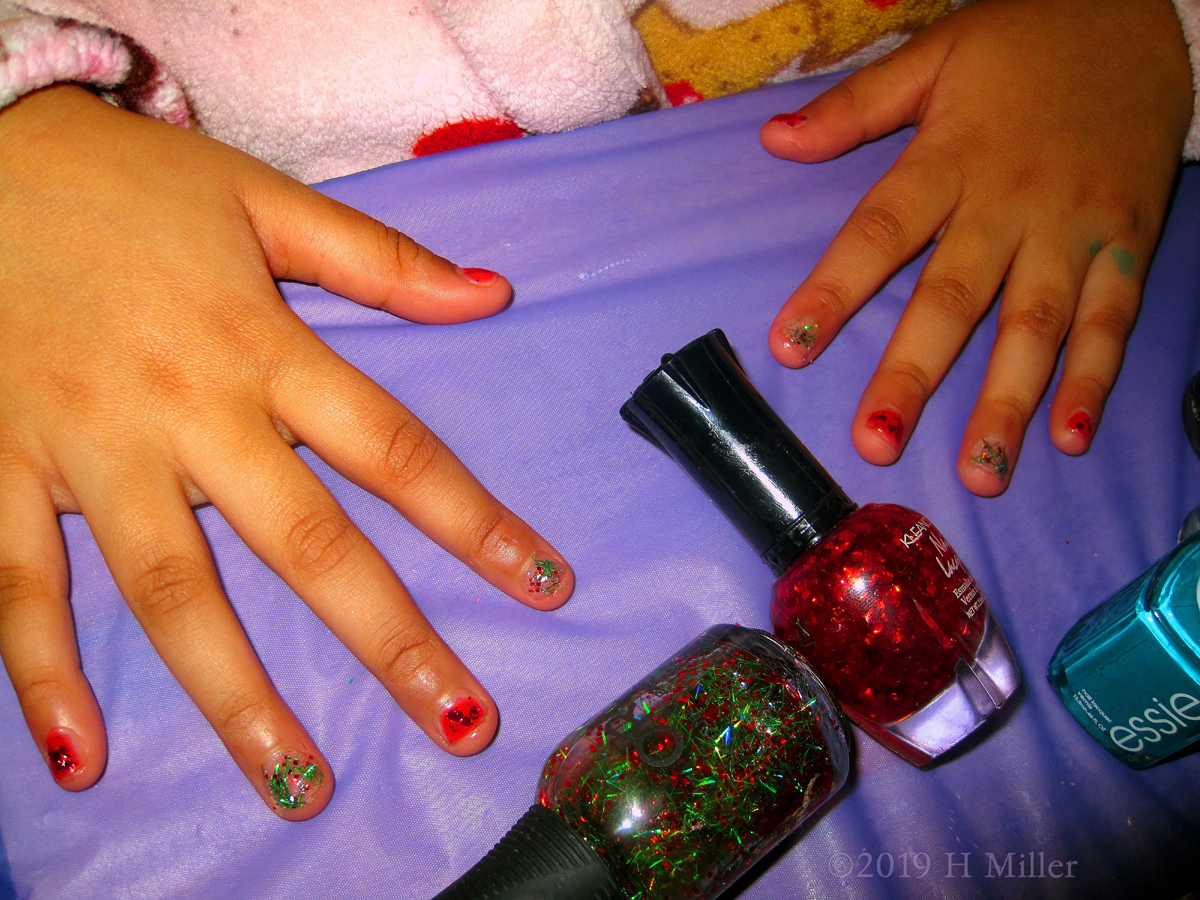 Solid Red Sparkle Nail Coat With Multicolor Sparkles For This Girls Mini Manicure!