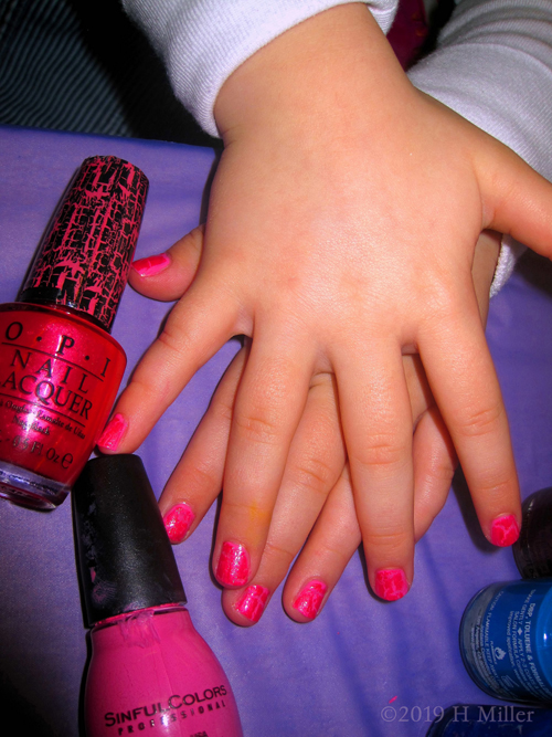 Fun Pink Base Coat With Hot Pink Shatter OPI Overlay On This Girls Manicure Fun Pink Base Coat With Hot Pink Shatter OPI Overlay On This Girls Manicure