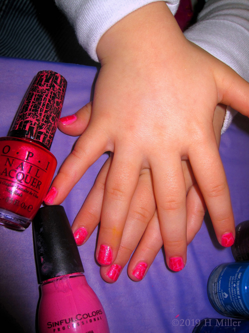 Fun Pink Base Coat With Hot Pink Shatter OPI Overlay On This Girls Manicure