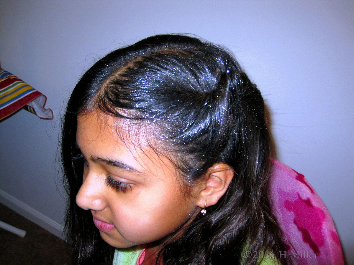 Kids Hair Styling. Pulled Back, With Blue Glitter. 