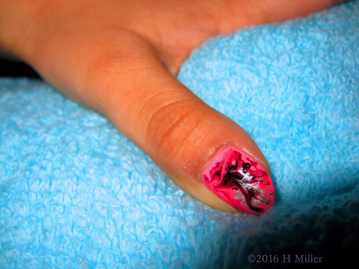 Kids Nail Art. Marbling Close Up With Silver, Pink, Magenta, And Black. Wow! 