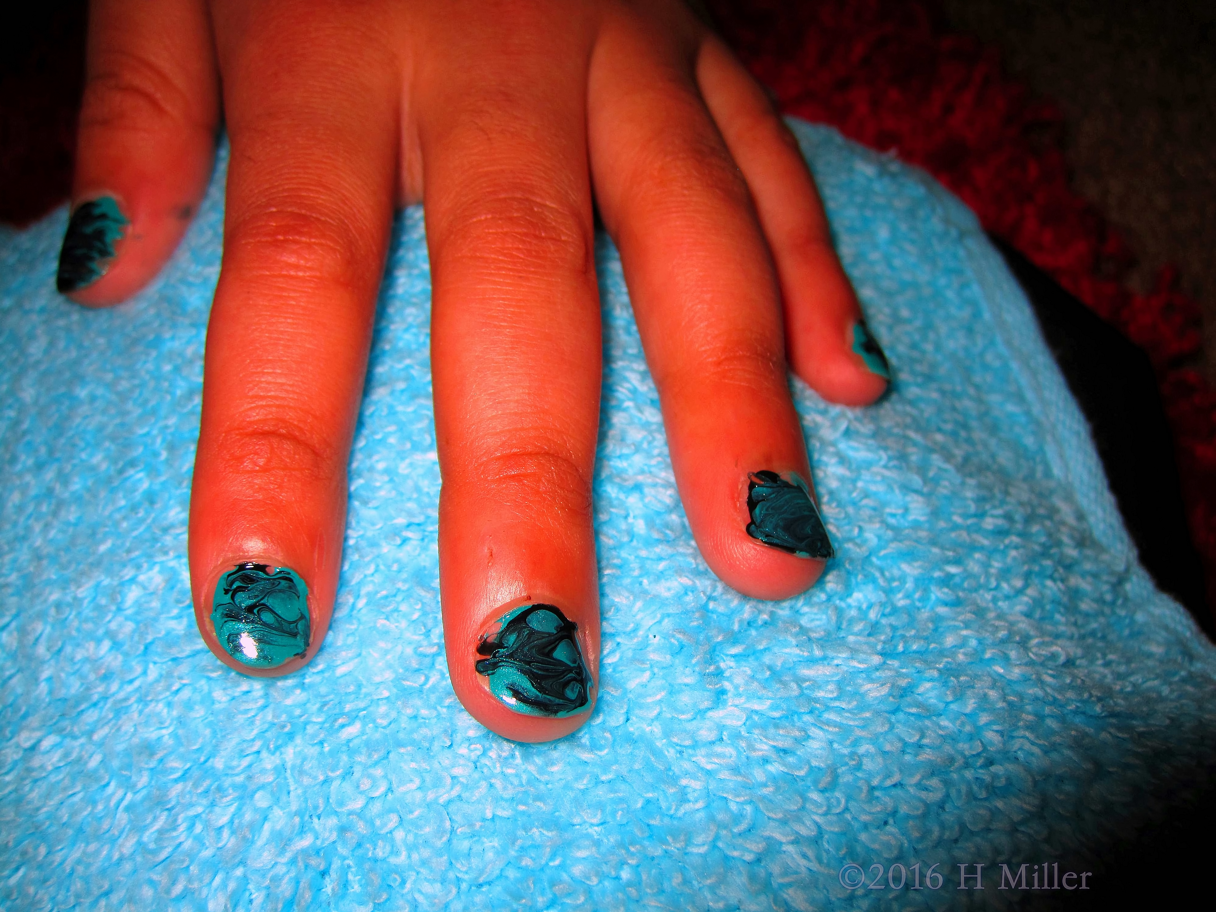 Kids Spa Party Nail Art Activity. Black Swirls On Bluish Cyan. Do You See The Image Of A Whale! I Do!! 