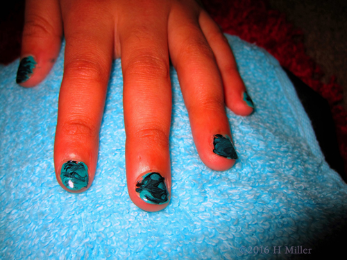 Kids Spa Party Nail Art Activity. Black Swirls On Bluish Cyan. Do You See The Image Of A Whale! I Do!!