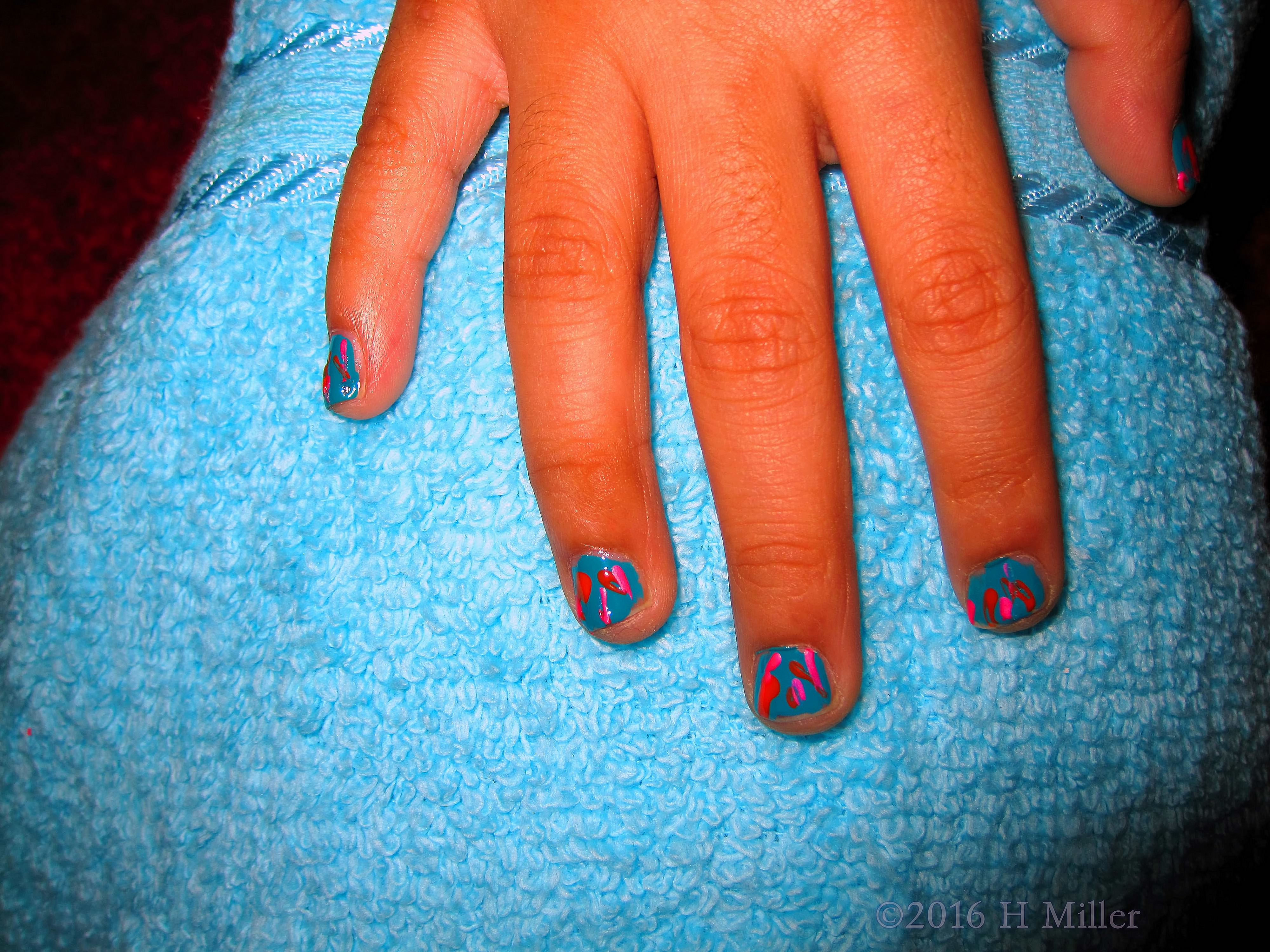 Kids Nail Art. Blue Mani With Hyper Day Glo Lines.