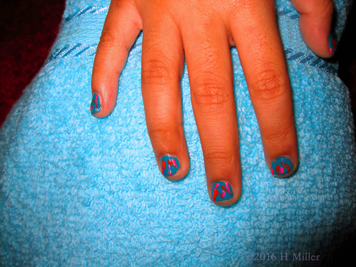 Kids Nail Art. Blue Mani With Hyper Day Glo Lines