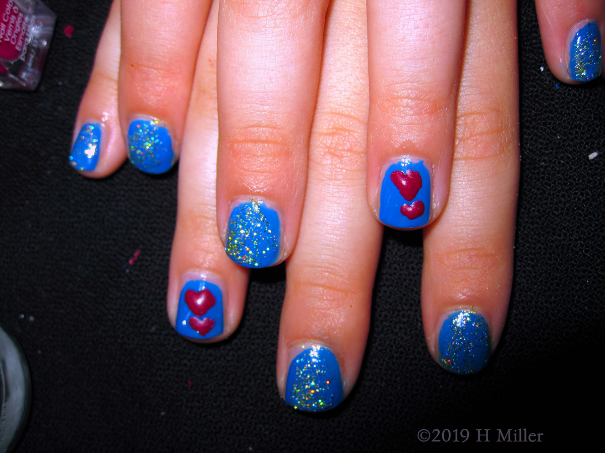 Sparkly Blue Kids Manicure With Hearts Nail Designs 