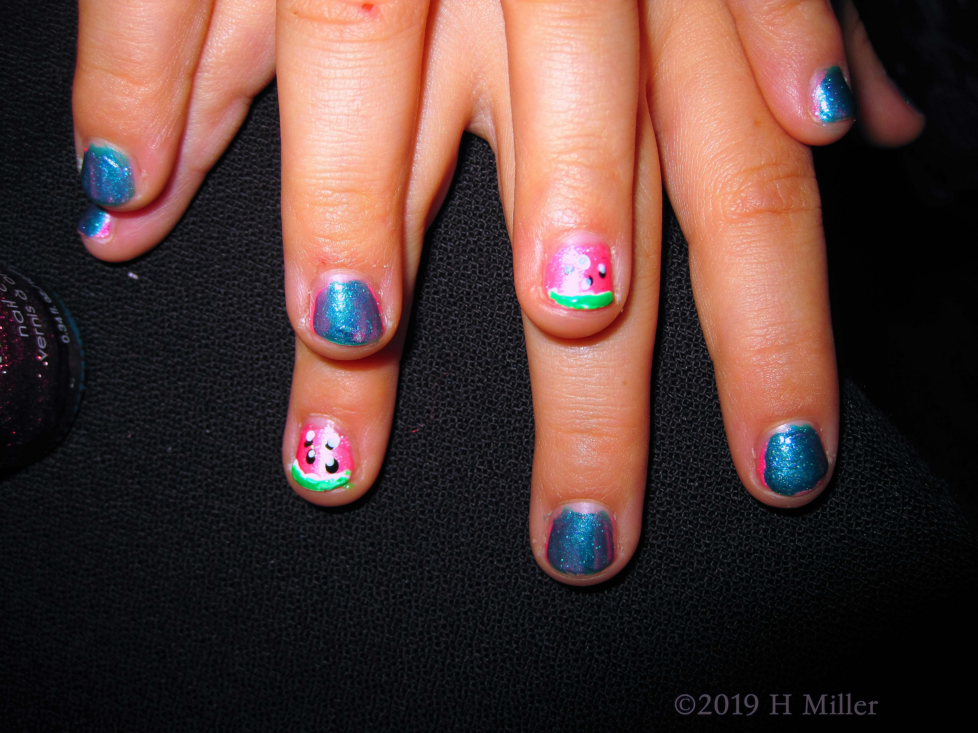 Blue And Watermelon Nail Art On This Kids Spa Party Guest. Blue And Watermelon Nail Art On This Kids Spa Party Guest.