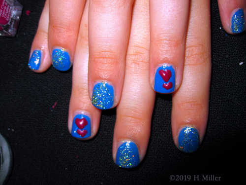 Sparkly Blue Kids Manicure With Hearts Nail Designs