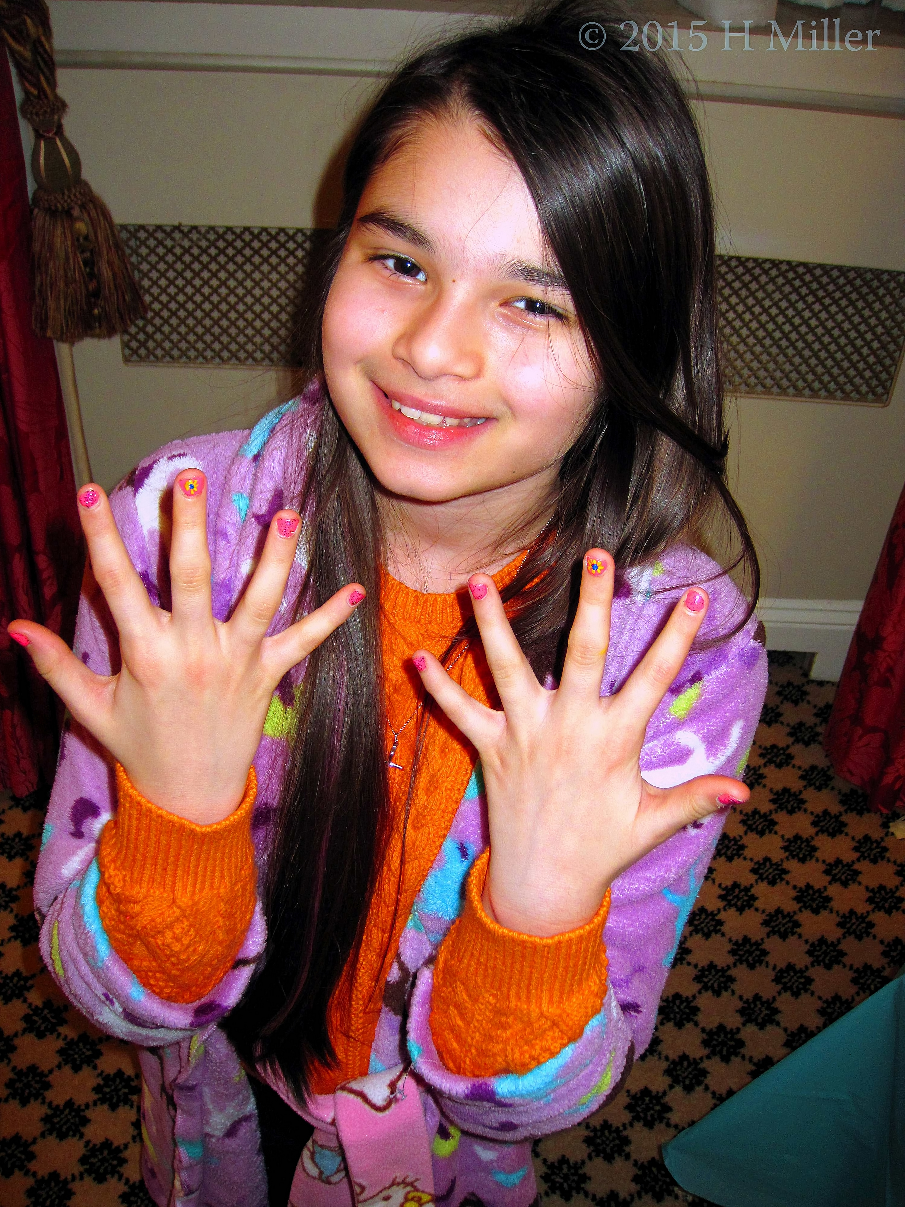 Pink With Glitter And Yellow Ray Flower Nail Art For Kids! Pink With Glitter And Yellow Ray Flower Nail Art For Kids!