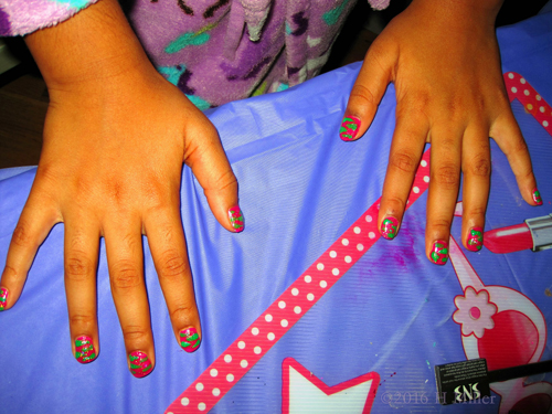 Cute Neon Green Zebra Stripes On Pink Watermelon Inspired Mini Manicure.