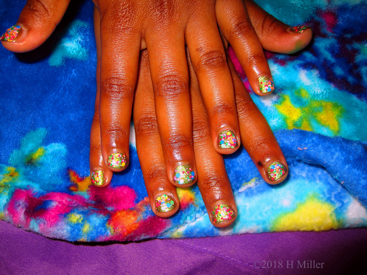Silver Base Coat With Colorful Sparkle Overlay Manicure For Girls 
