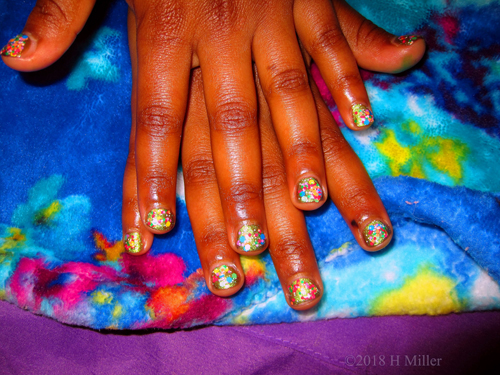 Silver Base Coat With Colorful Sparkle Overlay Manicure For Girls