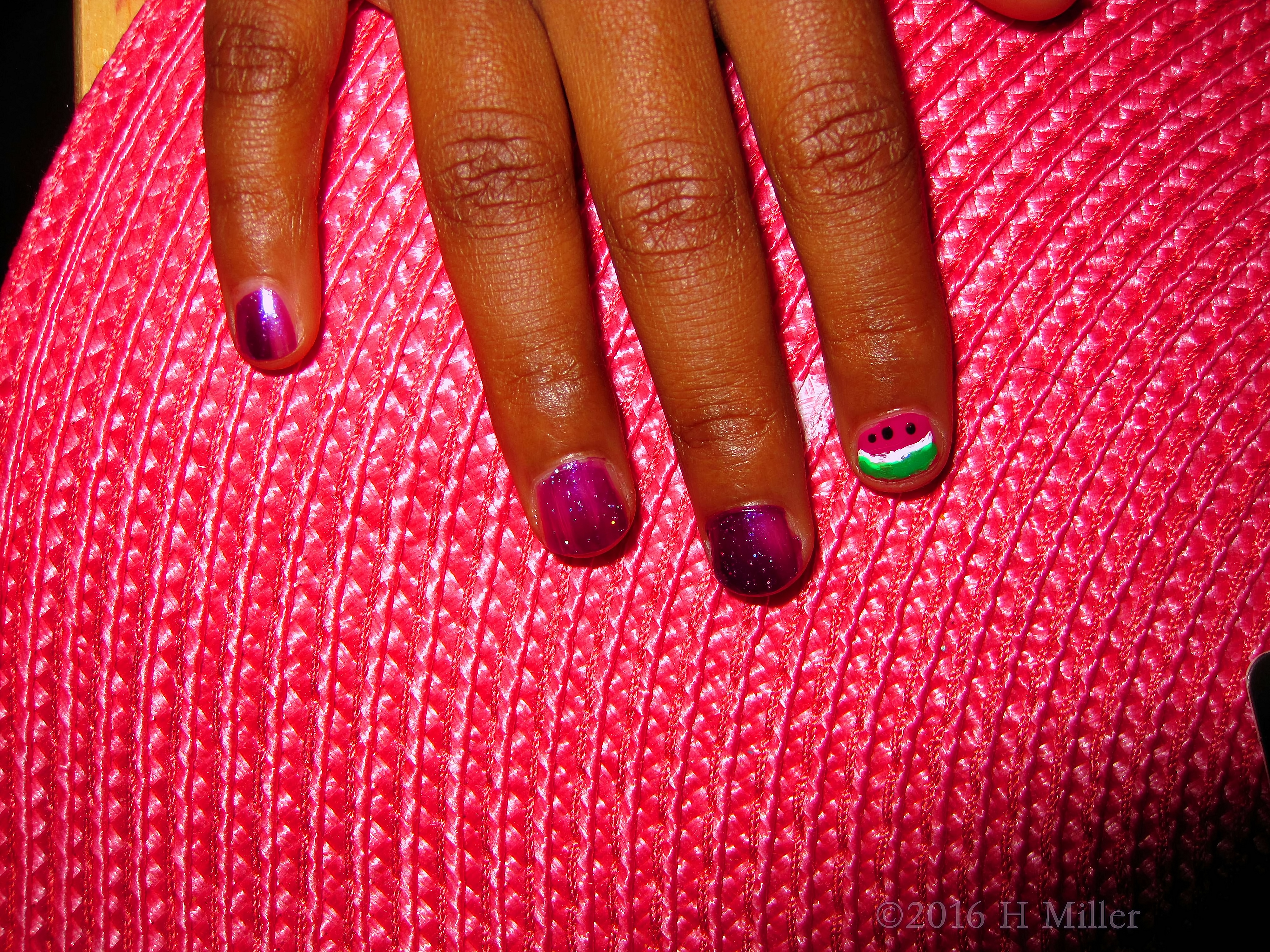 Glitter Purple Kids Manicure With Watermelon Accent Nail Art Glitter Purple Kids Manicure With Watermelon Accent Nail Art